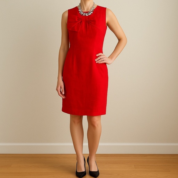 Adrienne Vittadini Red Linen Sheath Dress w/ Statement Bow Detail Size 6 (EUC) - Picture 16 of 16